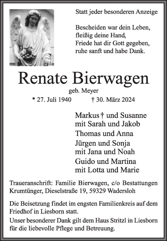 Traueranzeige von Renate Bierwagen von Die Glocke