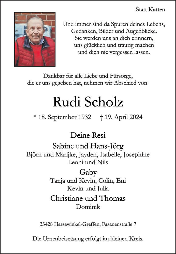  Traueranzeige für Rudi Scholz vom 27.04.2024 aus Die Glocke
