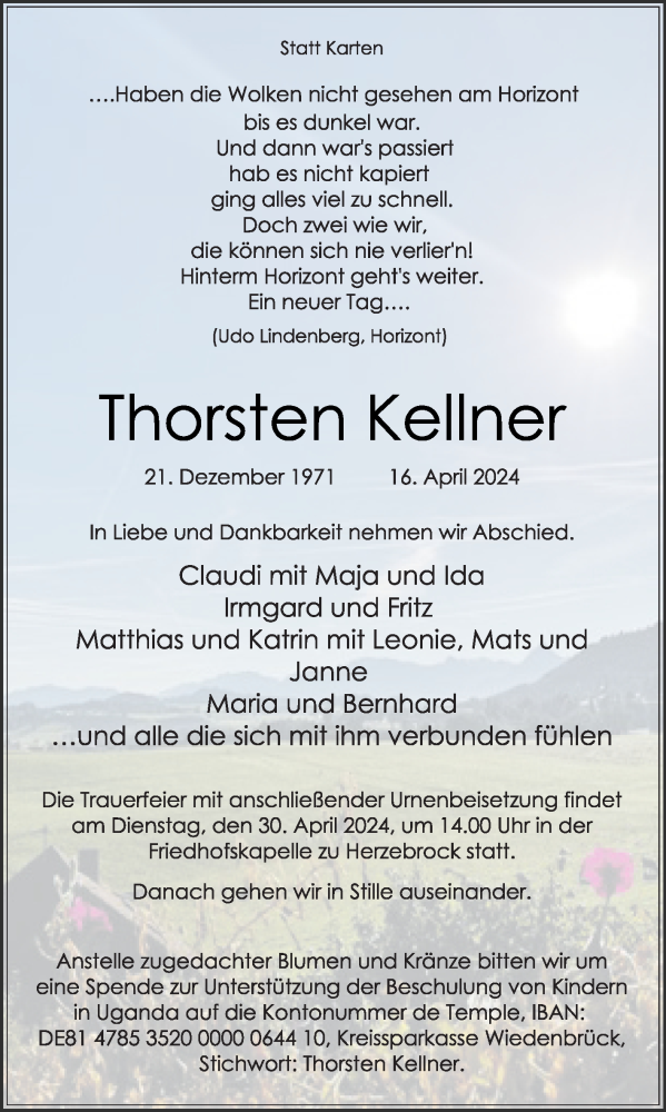  Traueranzeige für Thorsten Kellner vom 24.04.2024 aus Die Glocke