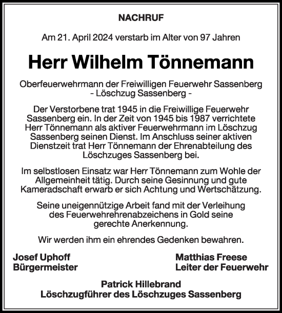 Traueranzeige von Wilhelm Tönnemann von Die Glocke