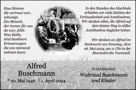 Traueranzeige von Alfred Buschmann von Die Glocke