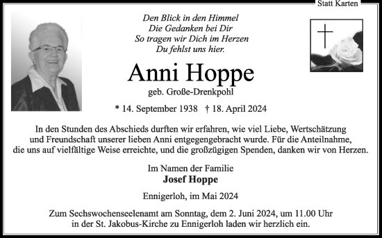 Traueranzeige von Anni Hoppe von Die Glocke