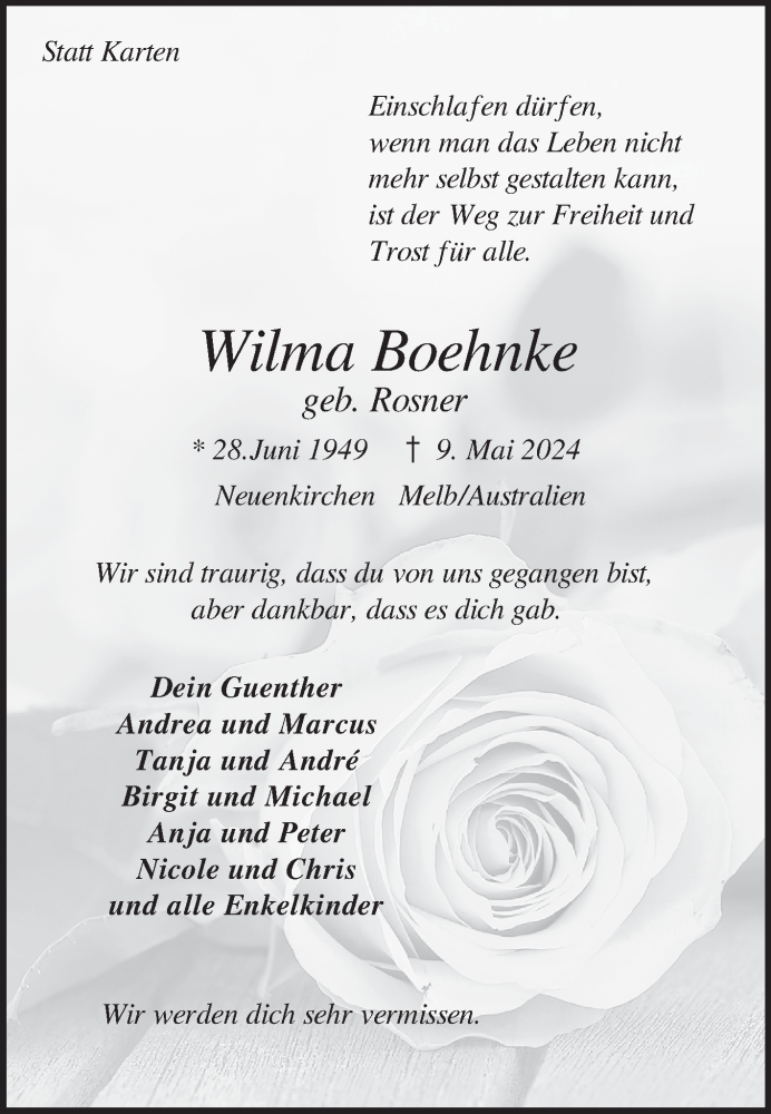  Traueranzeige für Wilma Boehnke vom 13.05.2024 aus DIE GLOCKE