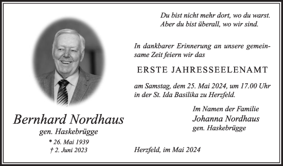 Traueranzeige von Bernhard Nordhaus von Die Glocke