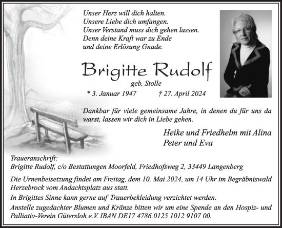 Traueranzeige von Brigitte Rudolf von Die Glocke