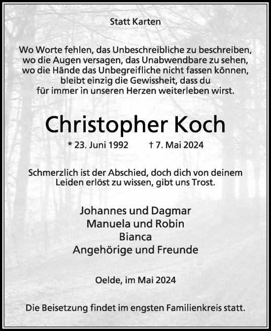 Traueranzeige von Christopher Koch von Die Glocke