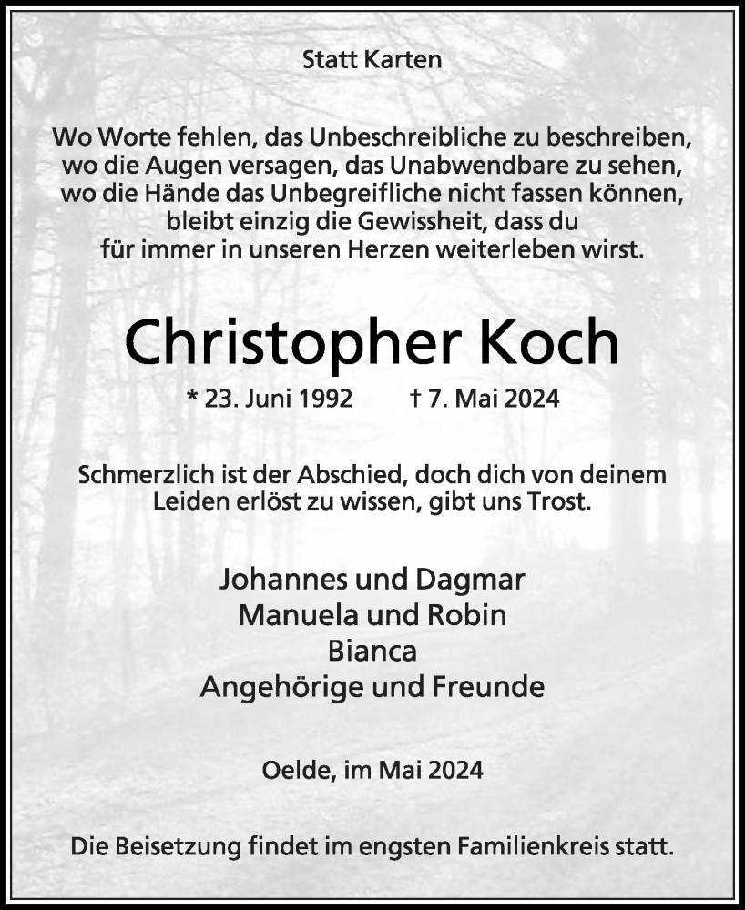  Traueranzeige für Christopher Koch vom 15.05.2024 aus Die Glocke