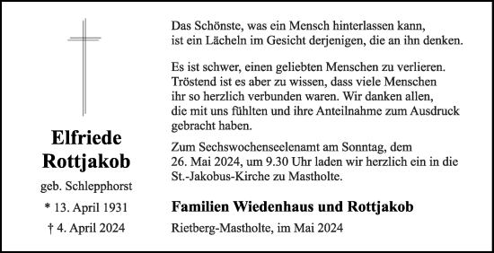 Traueranzeige von Elfriede Rottjakob von Die Glocke