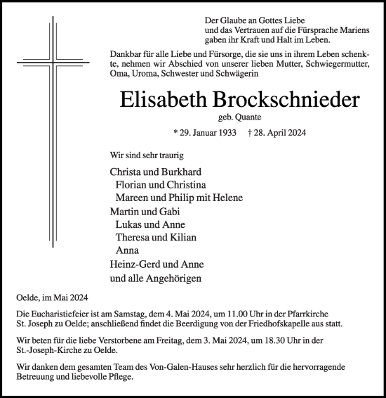 Traueranzeige von Elisabeth Brockschnieder von Die Glocke