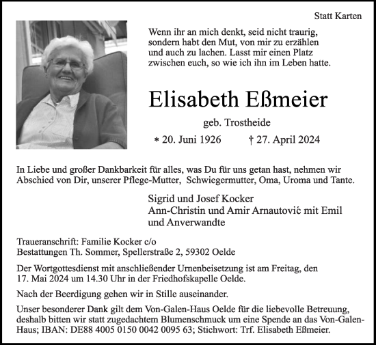 Traueranzeige von Elisabeth Eßmeier von Die Glocke