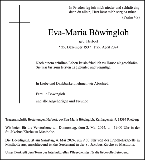 Traueranzeige von Eva-Maria Böwingloh von Die Glocke
