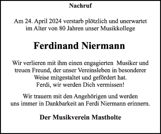 Traueranzeige von Ferdinand Niermann von Die Glocke