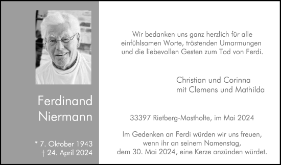 Traueranzeige von Ferdinand Niermann von Die Glocke