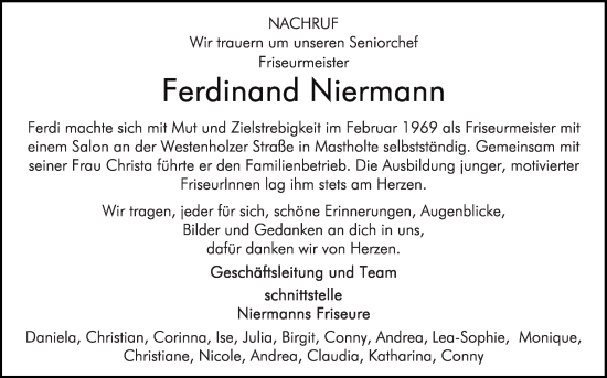 Traueranzeige von Ferdinand Niermann von Die Glocke