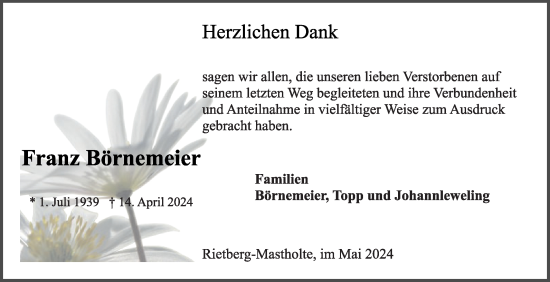 Traueranzeige von Franz Börnemeier von Die Glocke