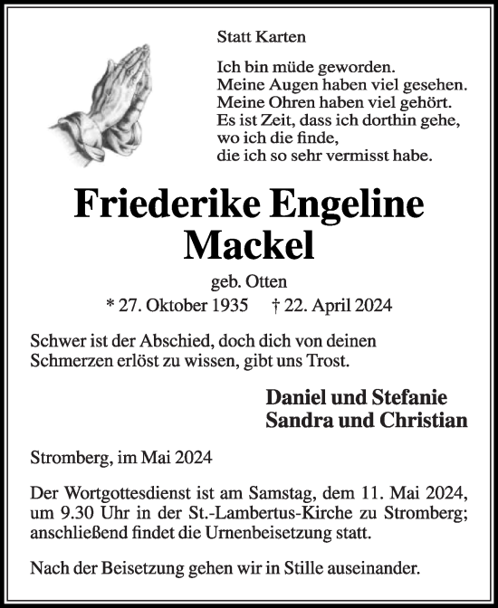 Traueranzeige von Friederike Engeline Mackel von Die Glocke