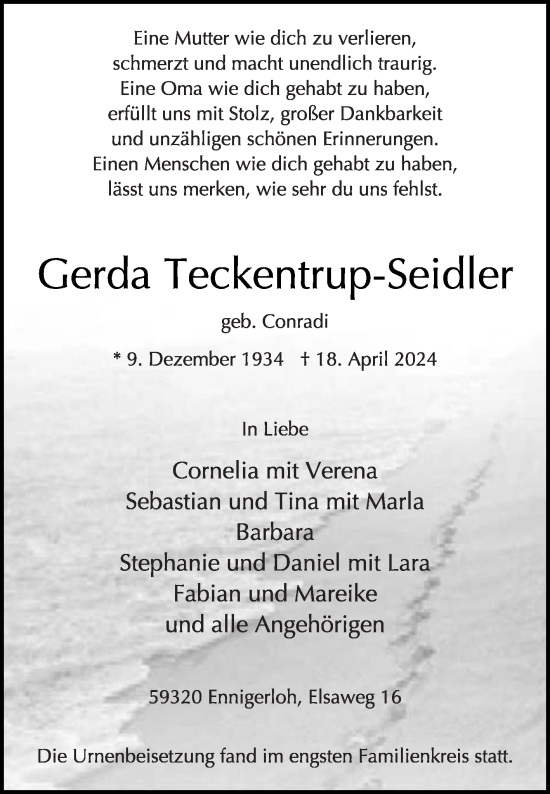 Traueranzeige von Gerda Teckentrup-Seidler von Die Glocke