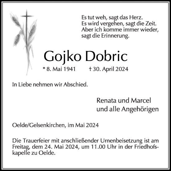 Traueranzeige von Gojko Dobric von Die Glocke