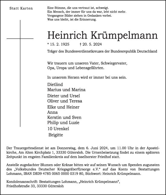 Traueranzeige von Heinrich Krümpelmann von Die Glocke
