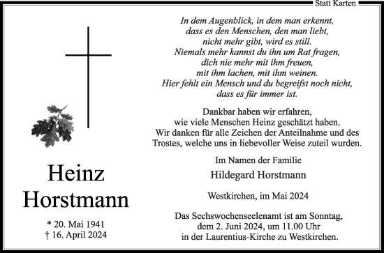 Traueranzeige von Heinz Horstmann von Die Glocke