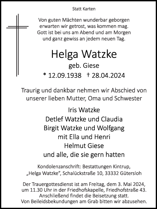 Traueranzeige von Helga Watzke von Die Glocke