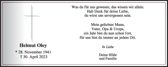 Traueranzeige von Helmut  Oley von Die Glocke