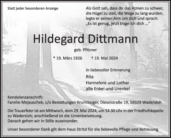 Traueranzeige von Hildegard Dittmann von Die Glocke