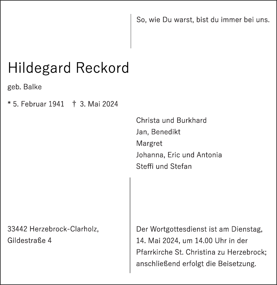  Traueranzeige für Hildegard Reckord vom 09.05.2024 aus Die Glocke
