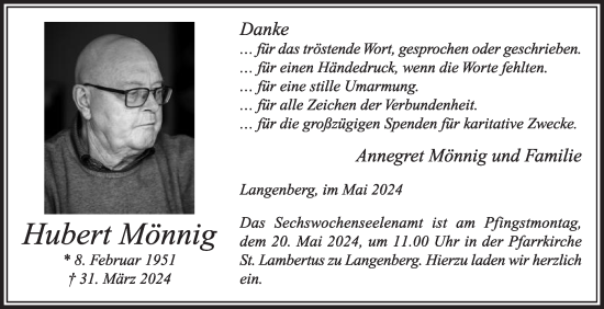 Traueranzeige von Hubert Mönnig von Die Glocke