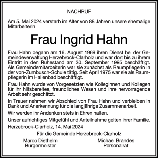 Traueranzeige von Ingrid Hahn von Die Glocke