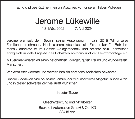 Traueranzeige von Jerome Lükewille von Die Glocke