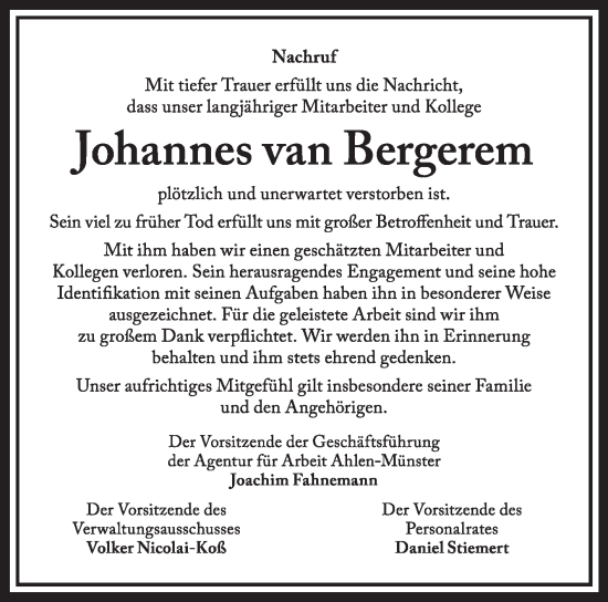 Traueranzeige von Johannes van Bergerem von Die Glocke