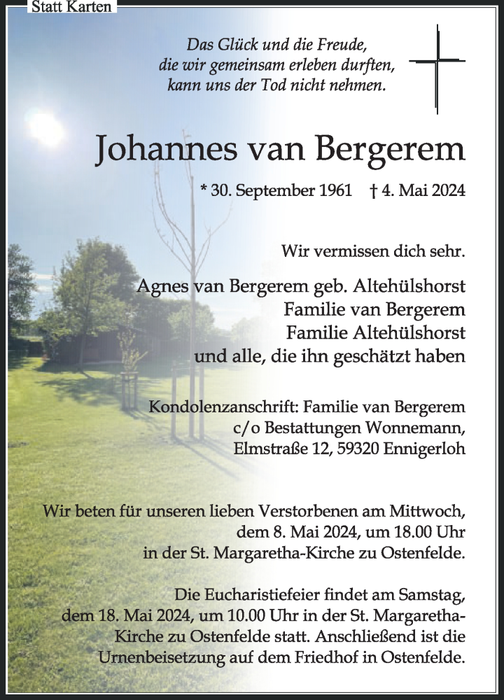  Traueranzeige für Johannes van Bergerem vom 08.05.2024 aus Die Glocke