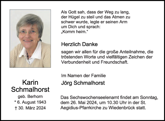 Traueranzeige von Karin Schmalhorst von Die Glocke