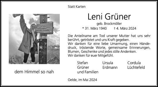 Traueranzeige von Leni Grüner von Die Glocke