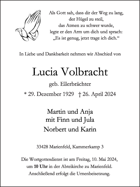 Traueranzeige von Lucia Volbracht von Die Glocke