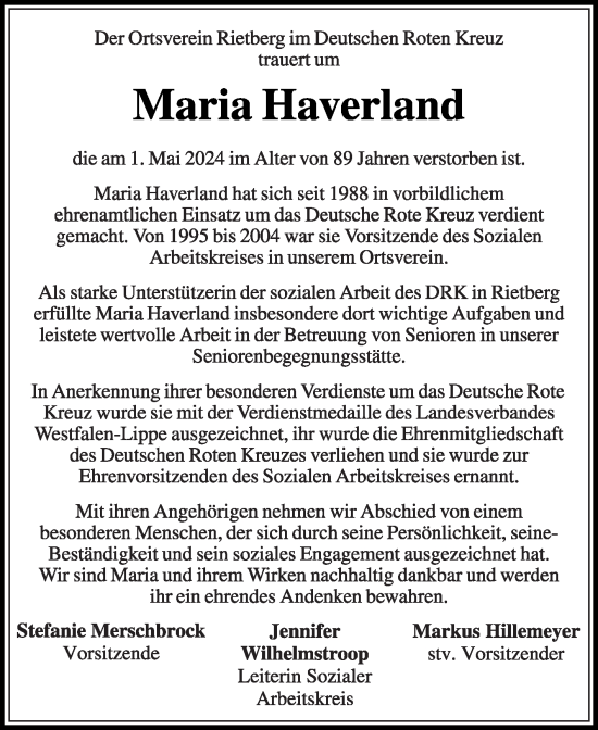 Traueranzeige von Maria Haverland von Die Glocke