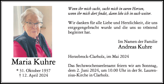 Traueranzeige von Maria Kuhre von Die Glocke