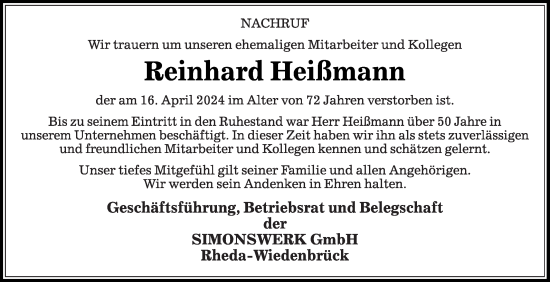 Traueranzeige von Reinhard Heißmann von Die Glocke