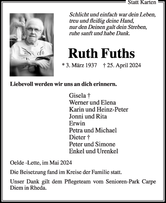 Traueranzeige von Ruth Fuths von Die Glocke