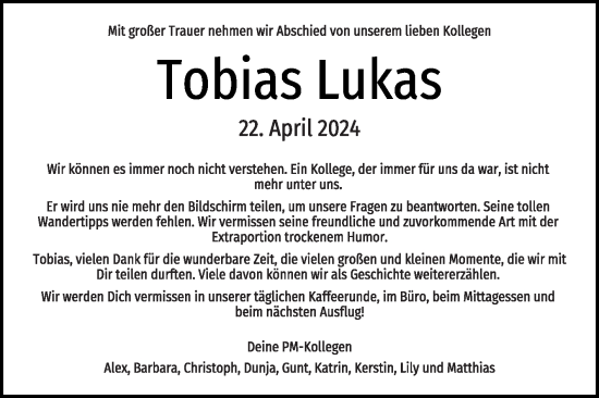 Traueranzeige von Tobias Lukas von Die Glocke