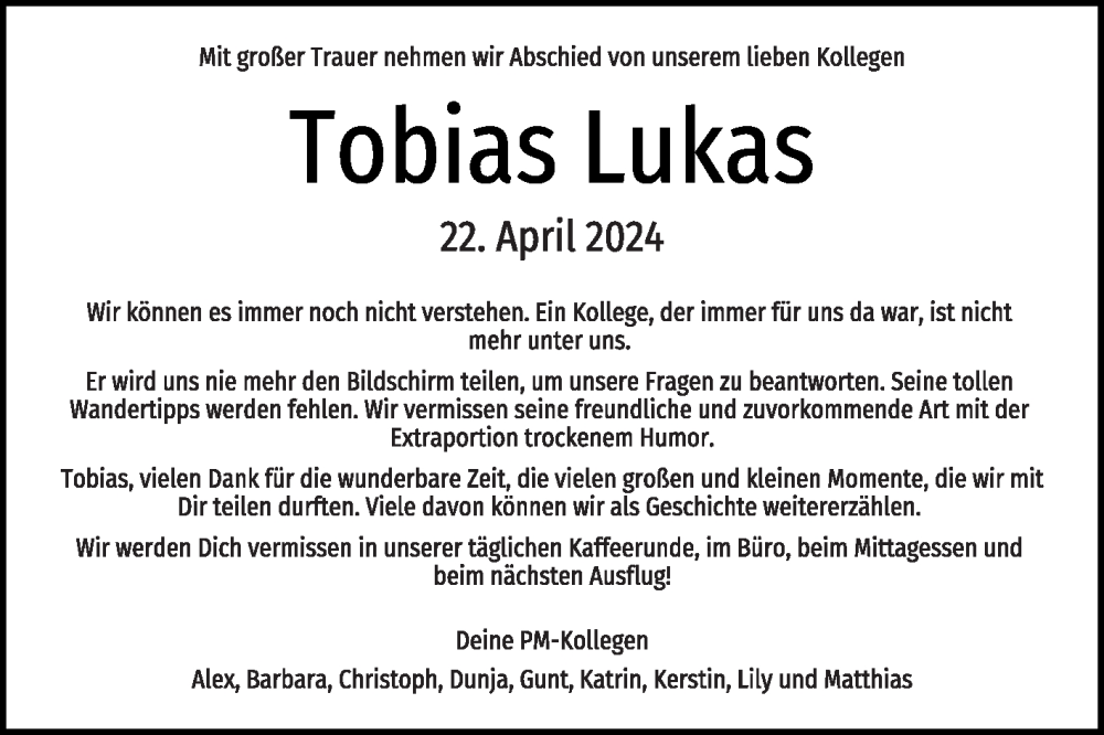  Traueranzeige für Tobias Lukas vom 04.05.2024 aus Die Glocke
