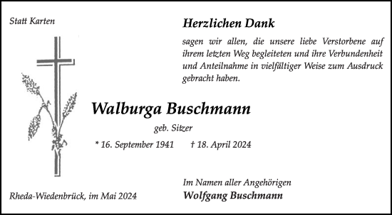 Traueranzeige von Walburga Buschmann von Die Glocke