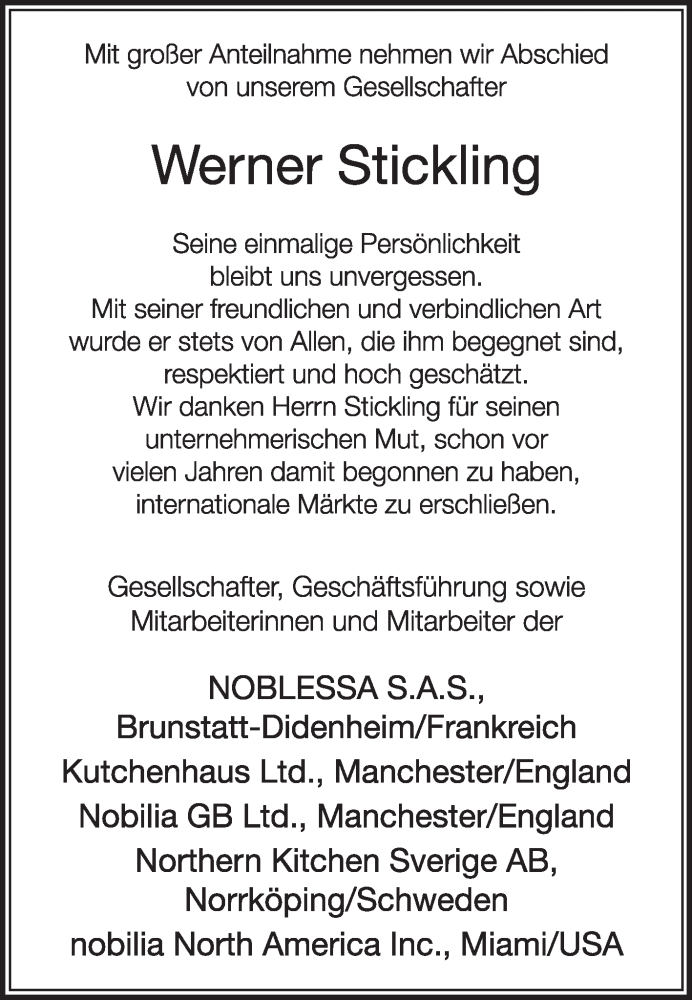  Traueranzeige für Werner Stickling vom 22.05.2024 aus Die Glocke