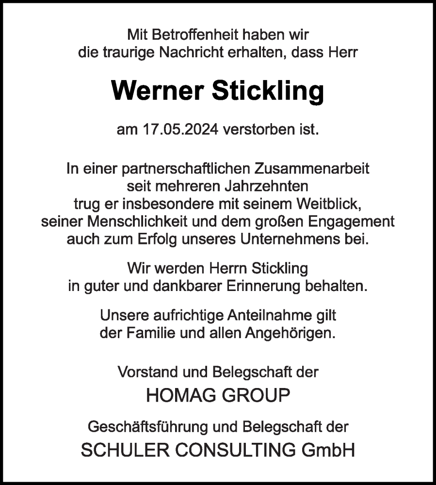  Traueranzeige für Werner Stickling vom 25.05.2024 aus Die Glocke