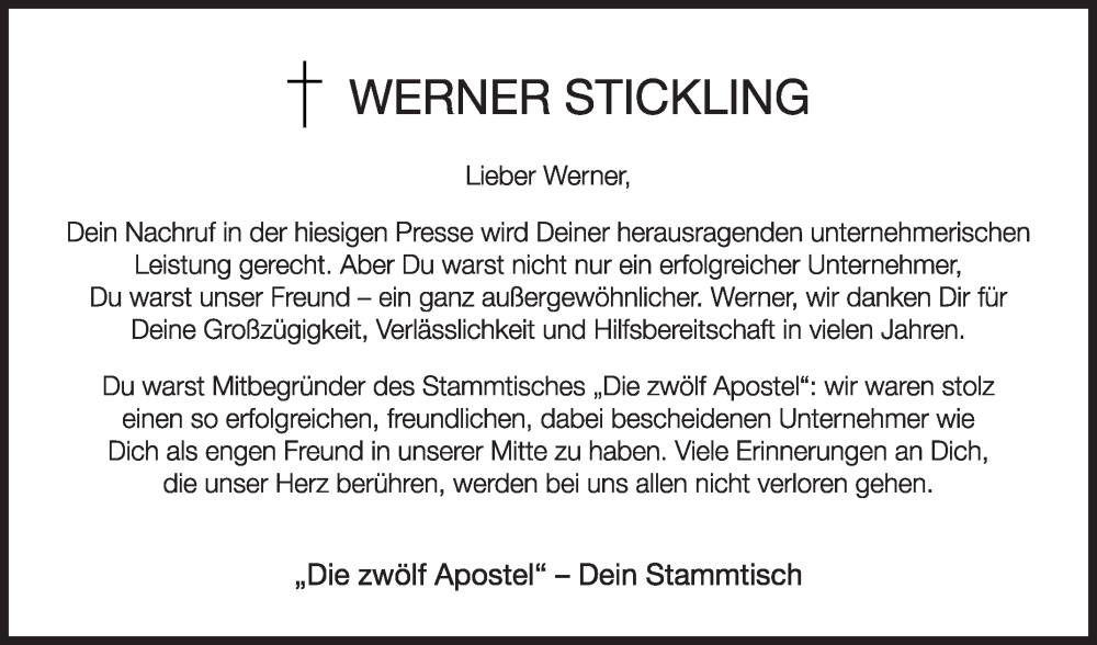  Traueranzeige für Werner Stickling vom 24.05.2024 aus Die Glocke