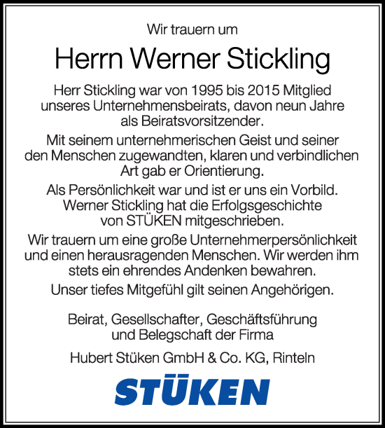 Traueranzeige von Werner Stickling von Die Glocke
