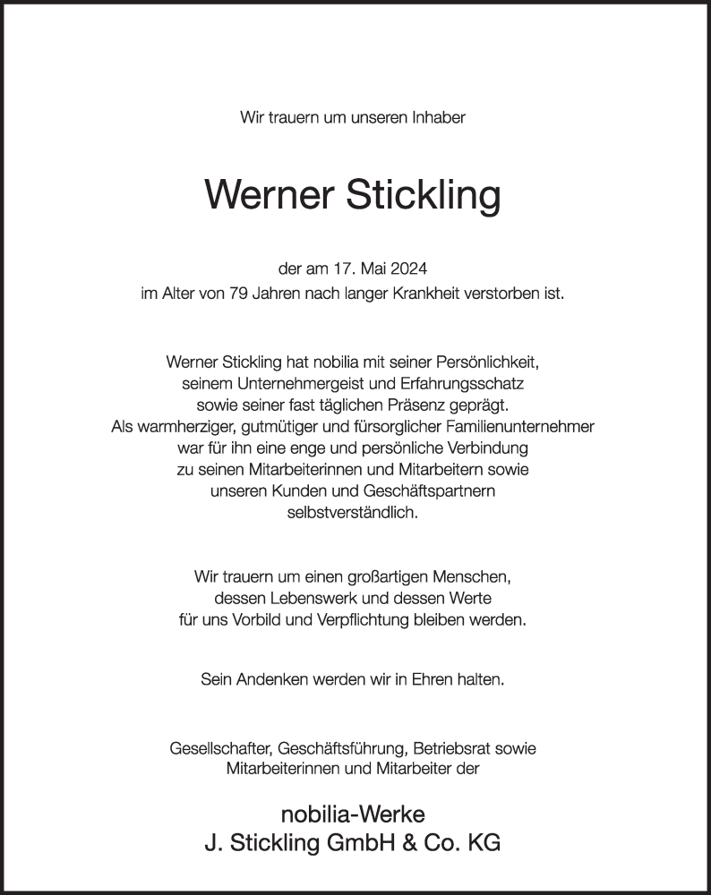  Traueranzeige für Werner Stickling vom 22.05.2024 aus Die Glocke