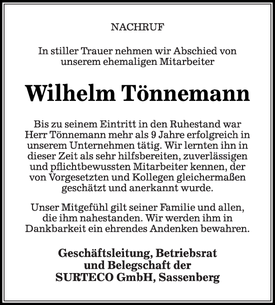 Traueranzeige von Wilhelm Tönnemann von Die Glocke