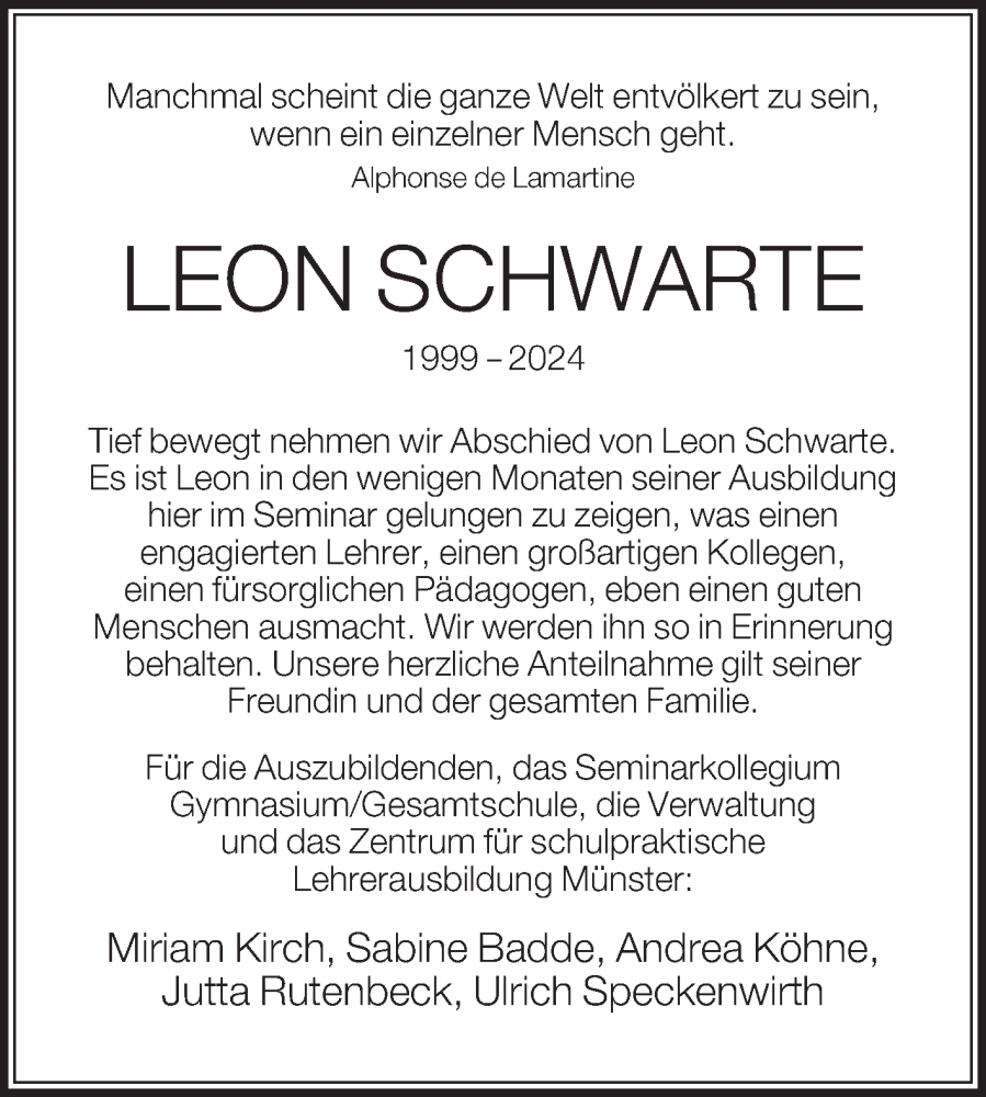  Traueranzeige für Leon Schwarte vom 17.06.2024 aus DIE GLOCKE